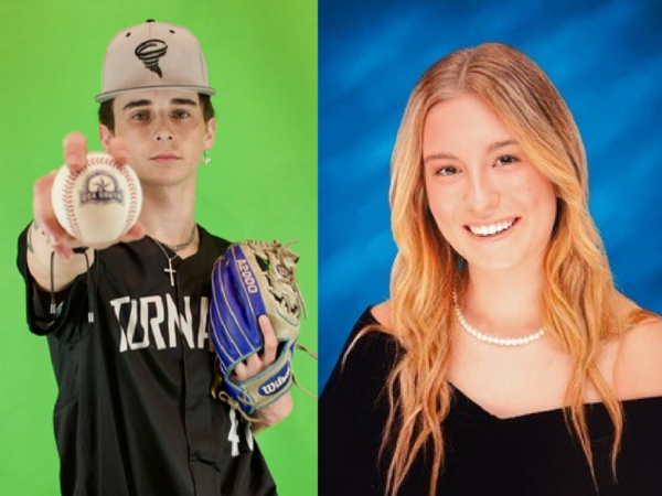 Zach, a white young man, has brown hair and holds a baseball. Emily, a white young woman, has blond hair and wears a black dress. They are photographed separately.